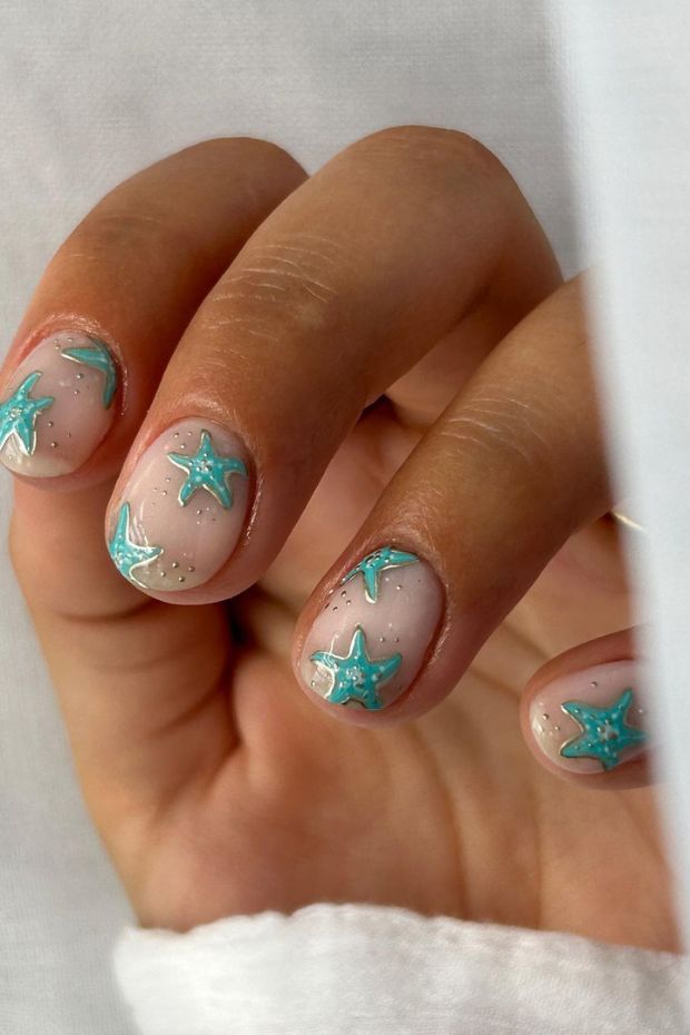 Underwater Seashell And Starfish Nails Ideas