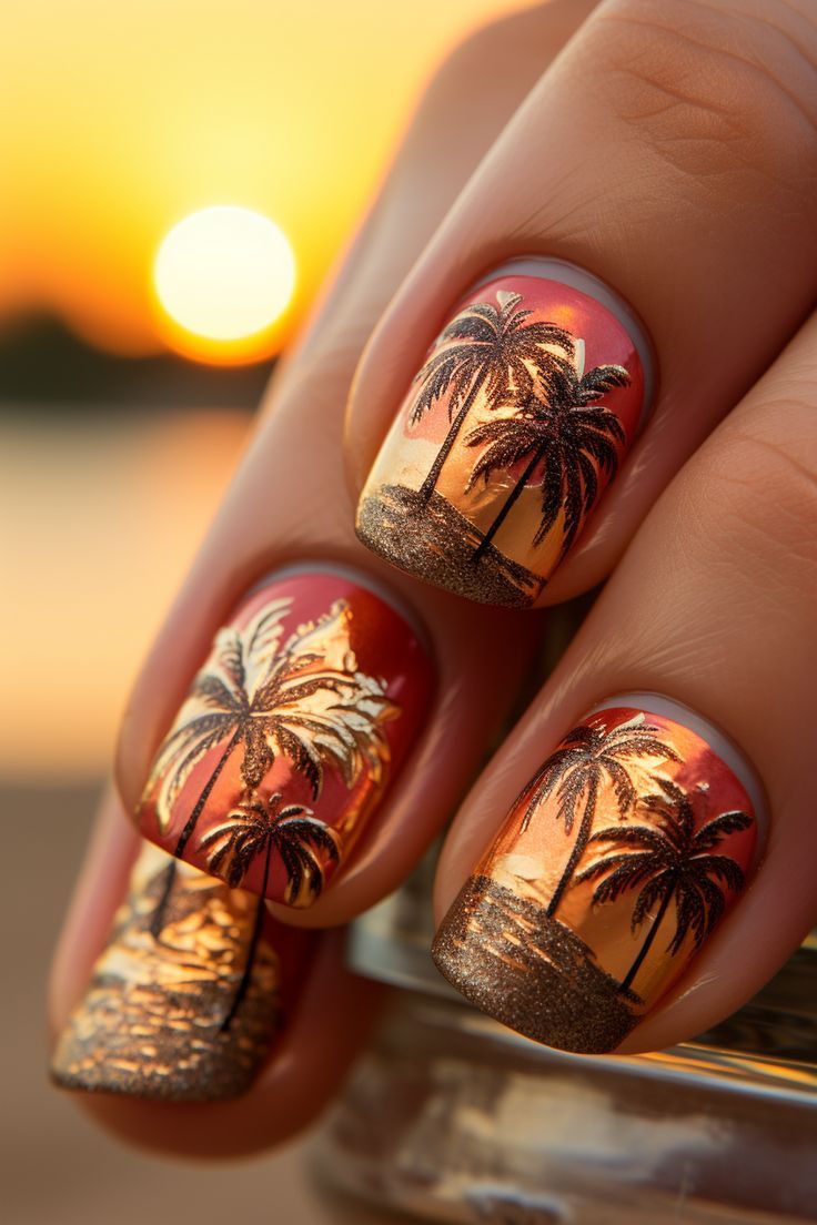 Tropical Palm Tree Silhouette Nails Ideas