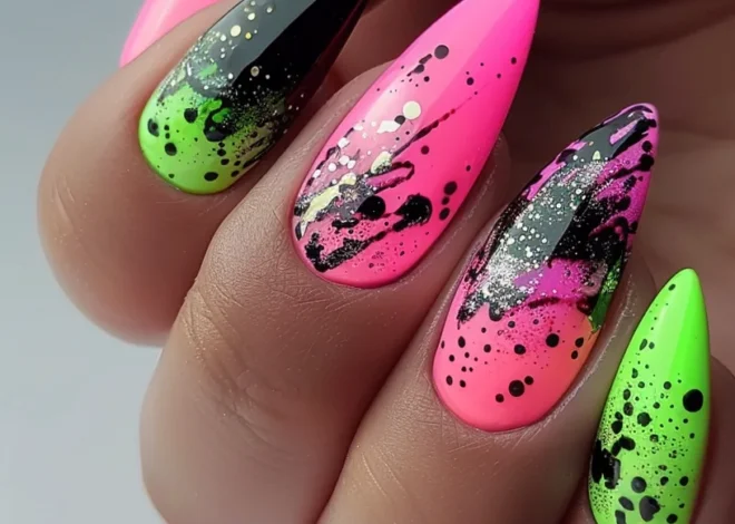 Bold Neon Paint Splatter Nails Ideas